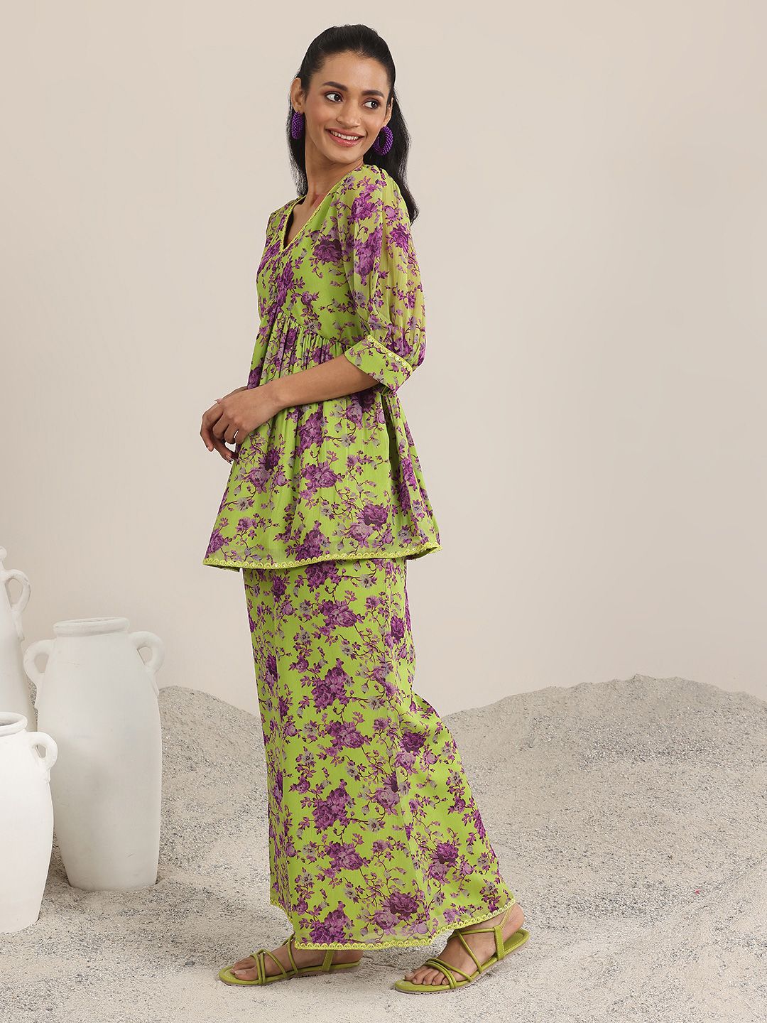 Libas Plus Size Floral Embroidered Straight Kurta With Palazzo & Dupatta