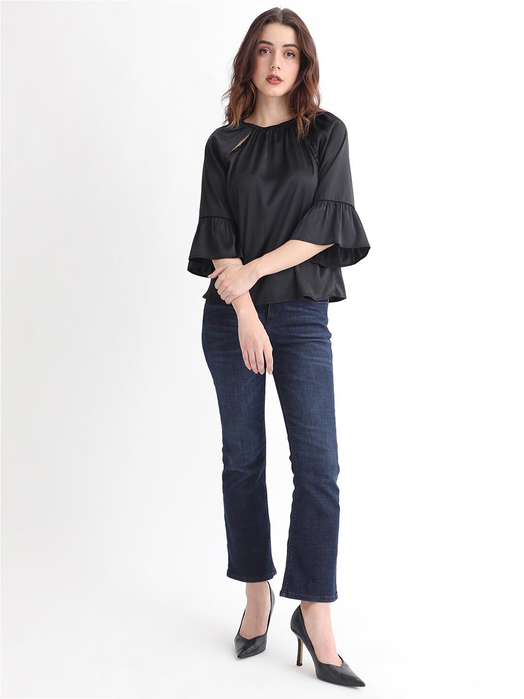 RAREISM Bell Sleeves Cut Outs Detail Cotton Top