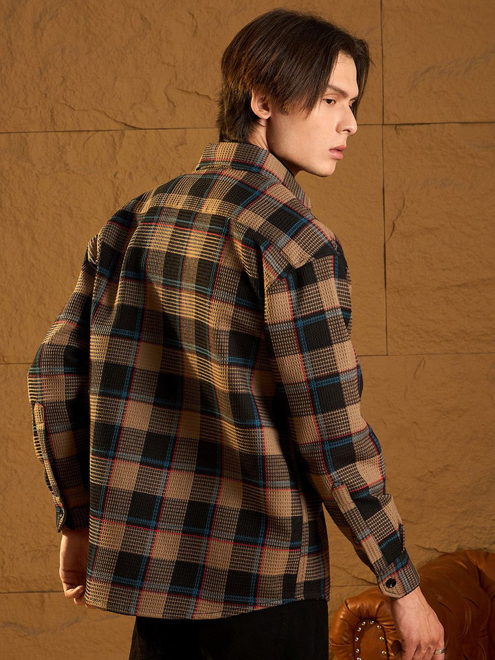 DENNISON Men Double Pocket Drop Shoulder Oversized Cotton Checked Shacket