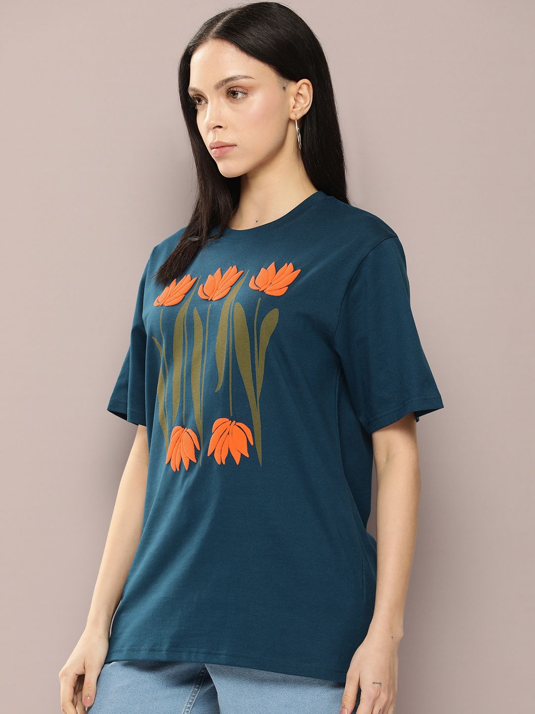DILLINGER Women Graphic Printed Embossed Oversized T-shirt