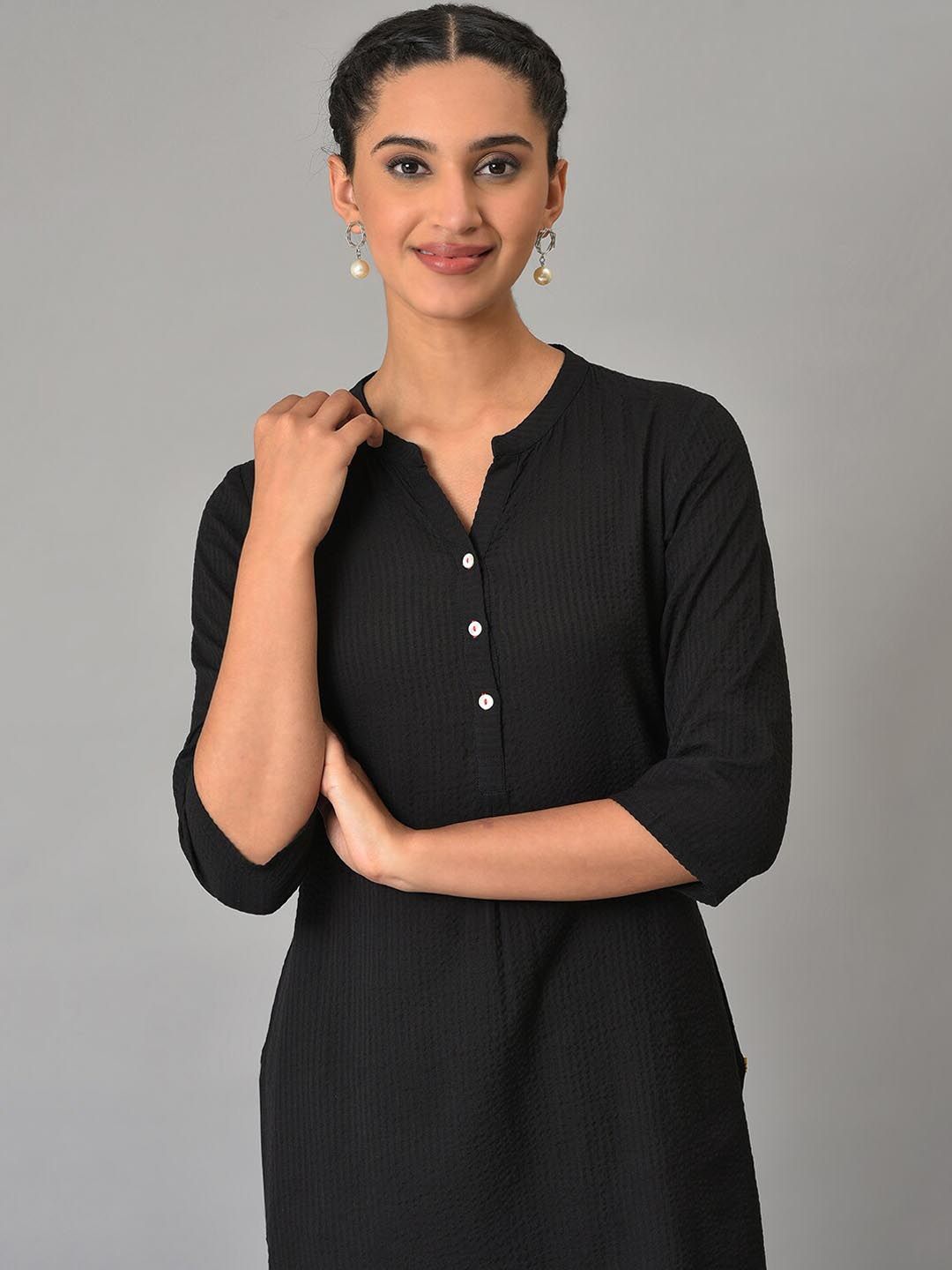 AURELIA Self Design Band Collar Pure Cotton Kurta