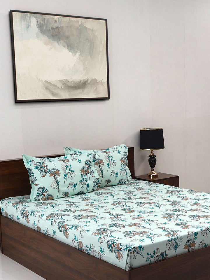 BOMBAY DYEING Green & White Floral Cotton 140 TC Queen Bedsheet Set-2.28 m X 2.54 m