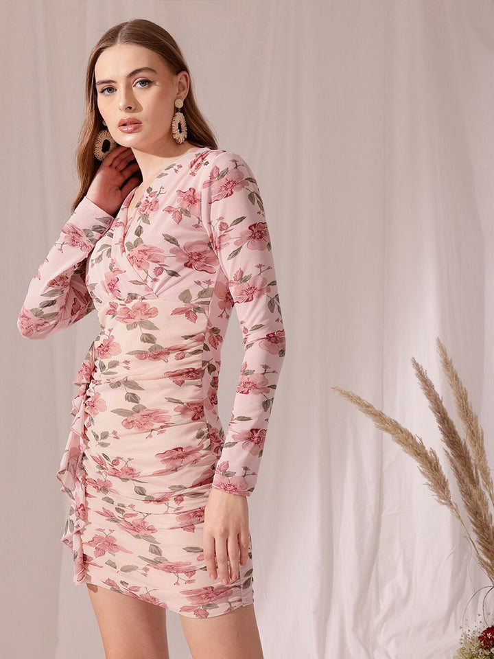 STREET 9 V Neck Floral Print Long Sleeve Wrap Dress