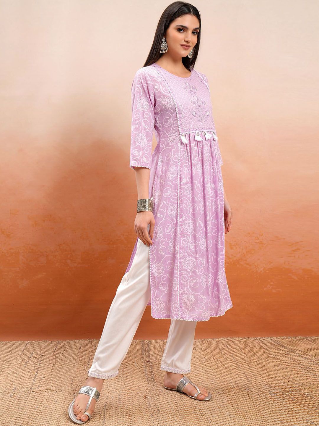 Vishudh Ethnic Motifs Printed Sequinned Pure Cotton A Line Kurta & Trousers With Dupatta