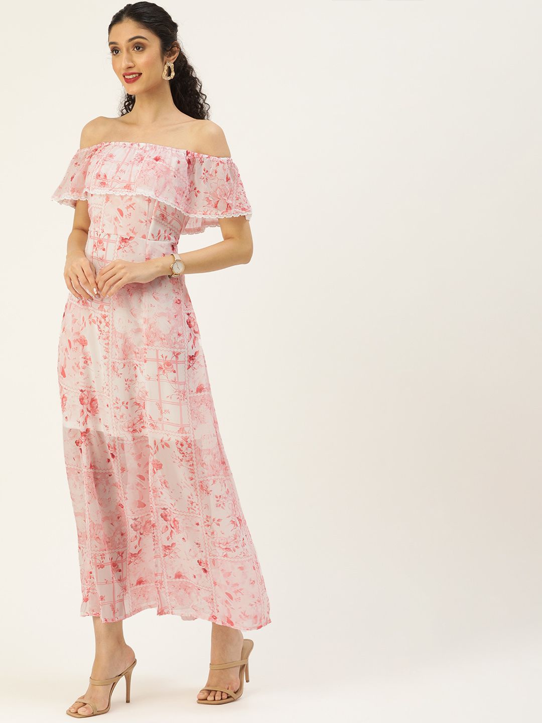 AND Pink & White Floral Halter Neck Fringed Maxi Dress
