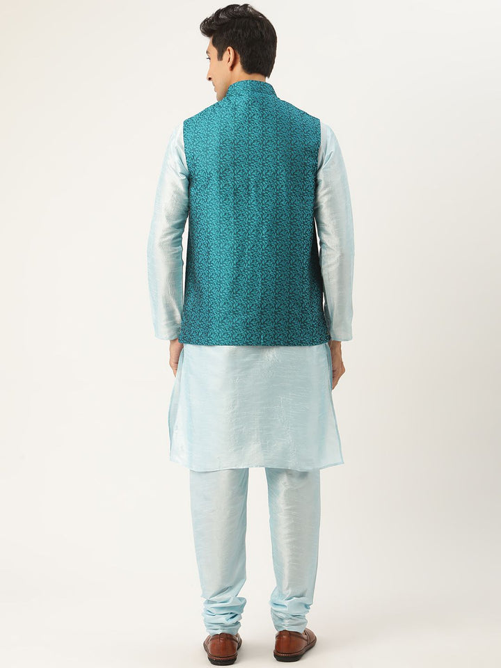 SOJANYA Men Blue Solid Kurta Set With Ethnic Motifs Nehru Jacket