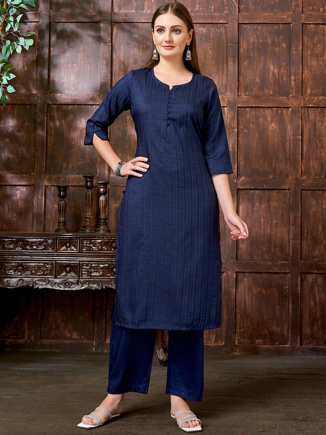 KALINI Women Striped Printed Notch Neck Straight Kurta With Trouser