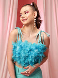 STREET 9 Turquoise Blue Shoulder Straps Feather Bralette Crop Top