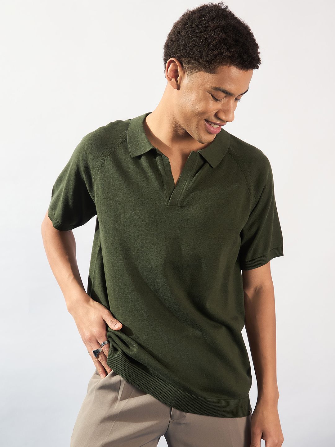 DENNISON Men Stretchex Solid Polo Collar Cotton Oversized T-shirt