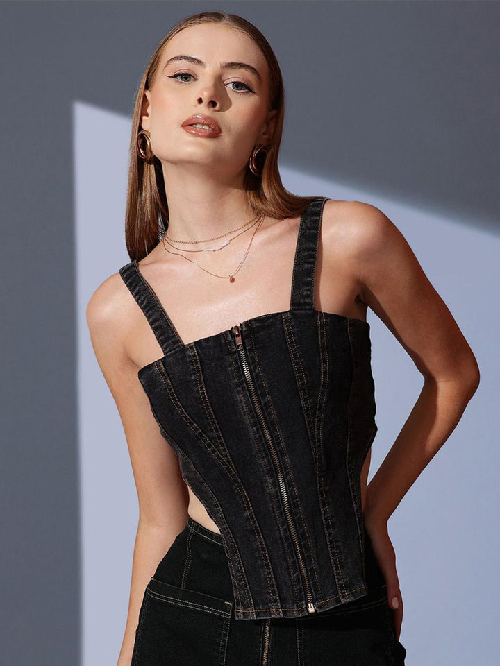 STREET 9 Solid Sleeveless Denim Crop Top