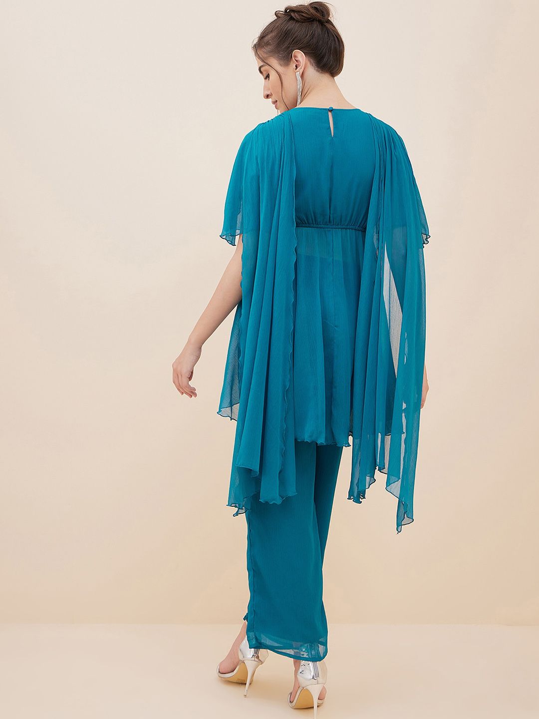 Antheaa Embellished Flared Sleeves Beads & Stones Empire Kurti With Trousers