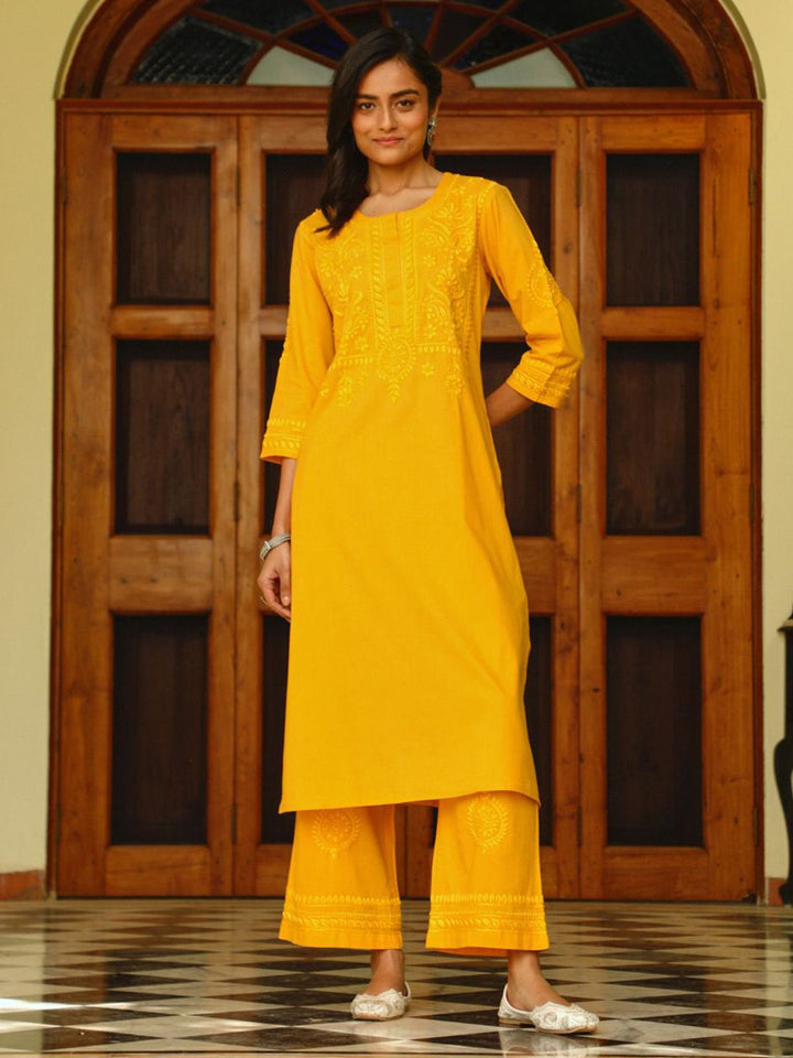 Rumah Wanita Chikankari Set Kurta Sulam Chikankari Kapas Kuning