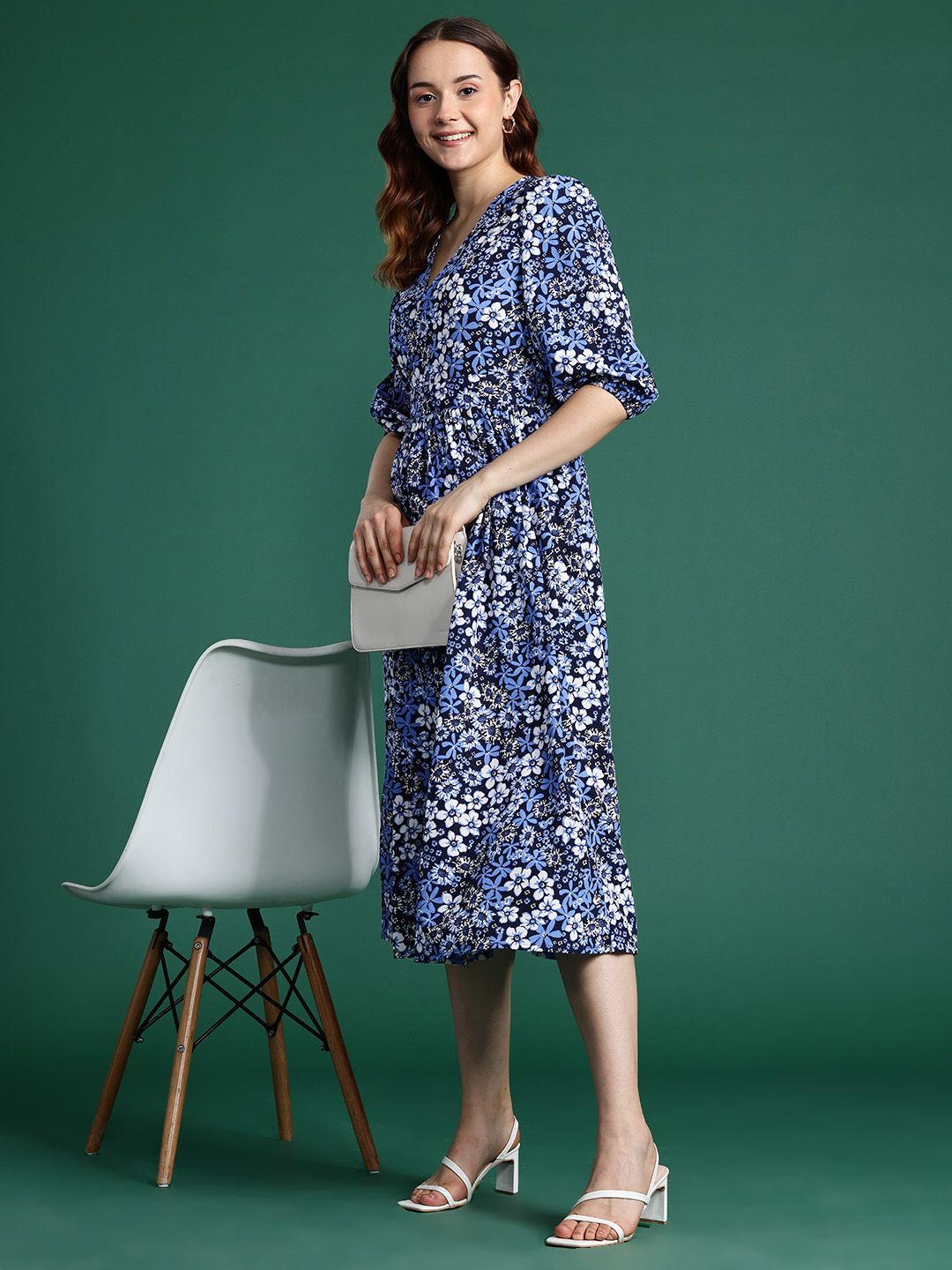 DressBerry Floral Print Puff Sleeve Midi Dress