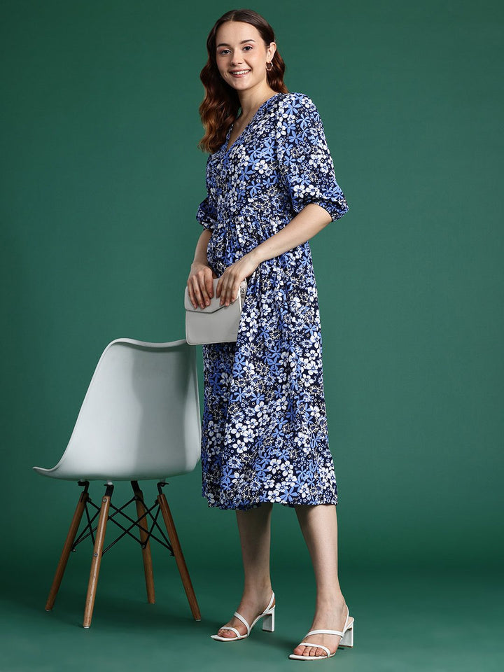 DressBerry Floral Print Puff Sleeve Midi Dress