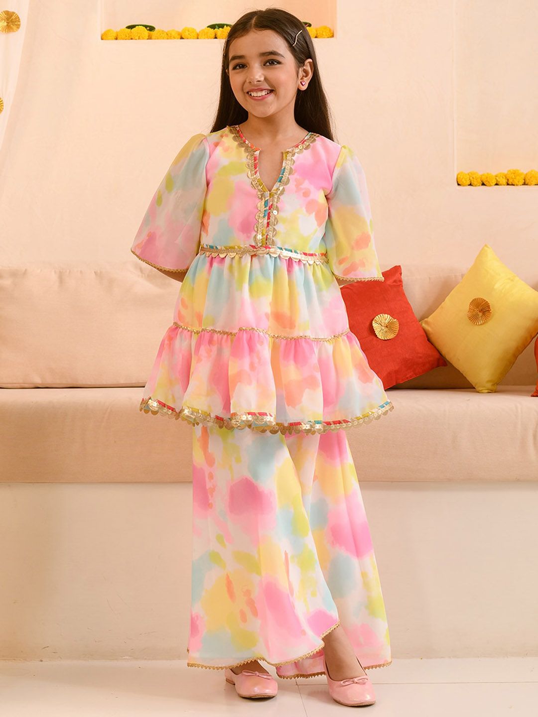 pspeaches Girls Abstract Printed Sequinned Regular A-Line Kurta & Sharara