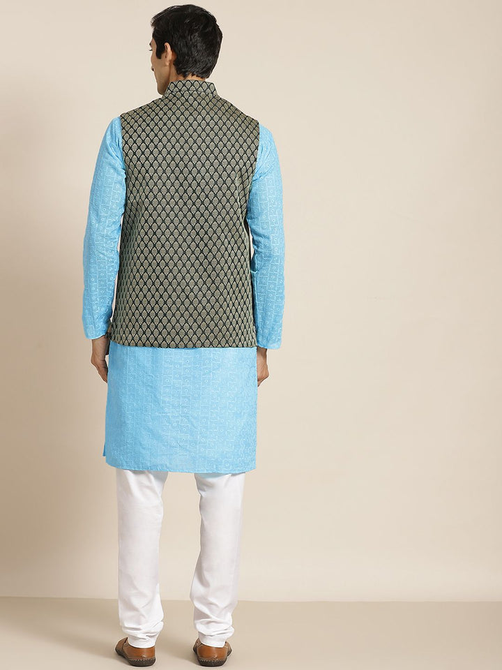 SOJANYA Men Blue Chikankari Pure Cotton Kurta with Churidar & Nehru Jacket