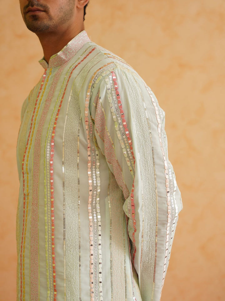 SOJANYA LUXE Kurta Lurus Kolar Mandarin Berjalur Sulam dengan Piyama