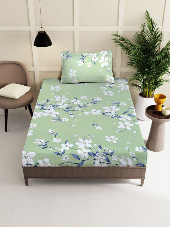 KLOTTHE Green Printed 400 TC Pure Cotton Bedsheet with Pillow Cover
