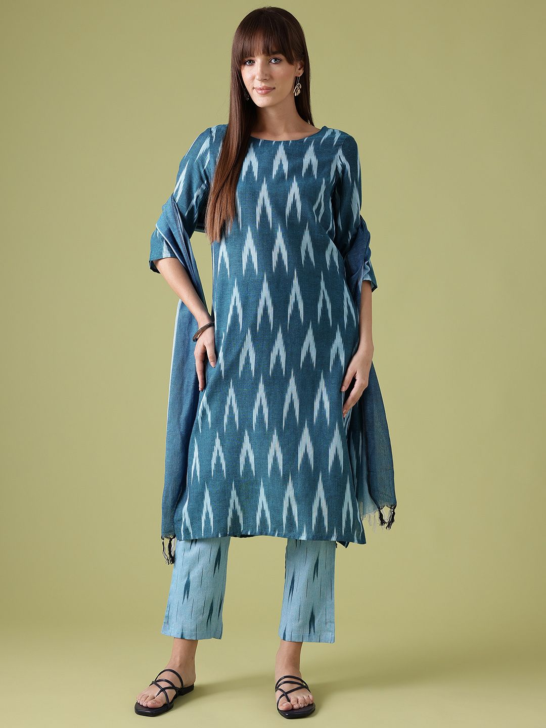 Anouk Ikat Print Pure Cotton Kurta with Trousers & Dupatta