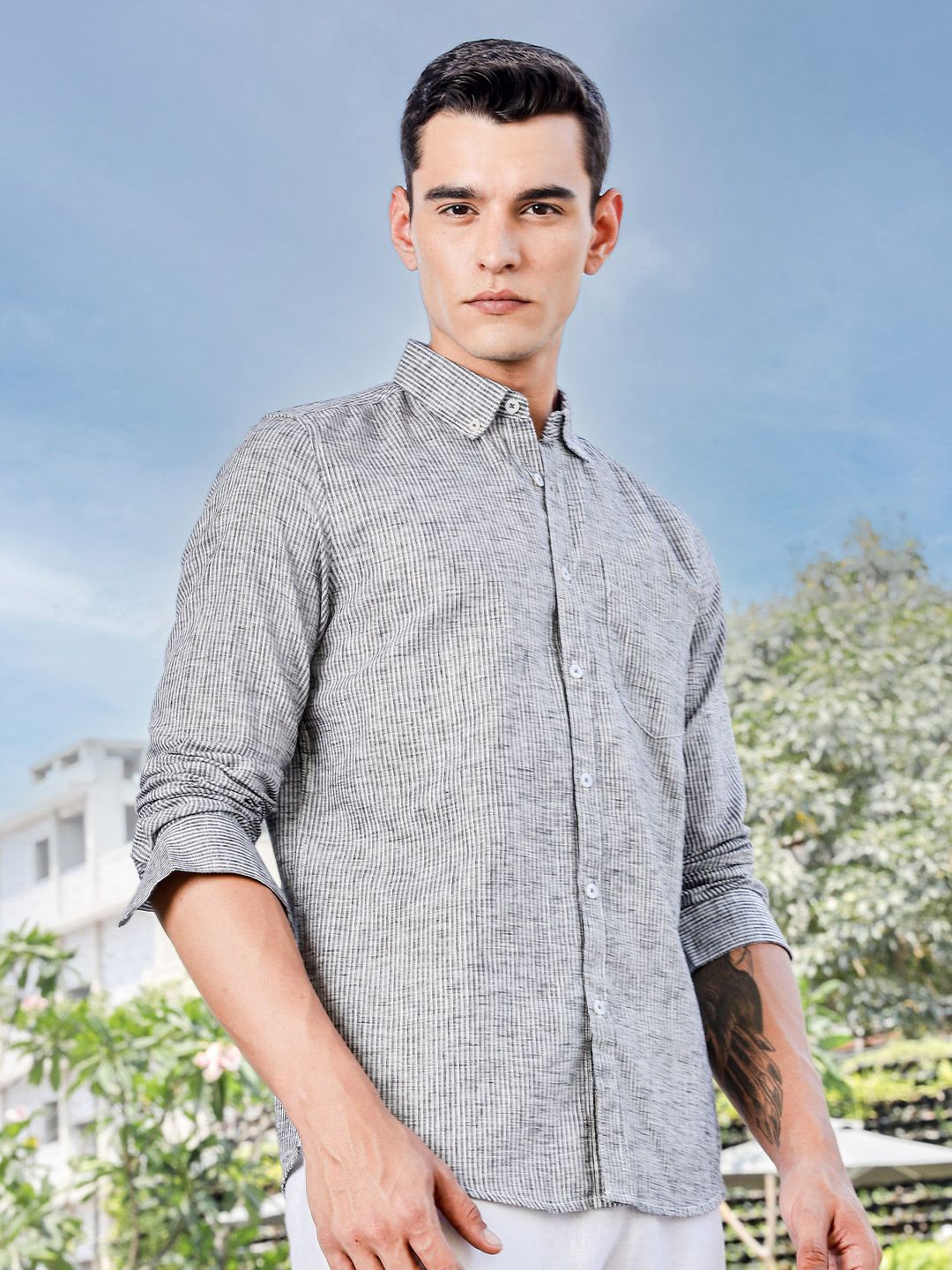 Thomas Scott Men Premium Fit Button-Down Collar Pinstripes Striped Linen Casual Shirt