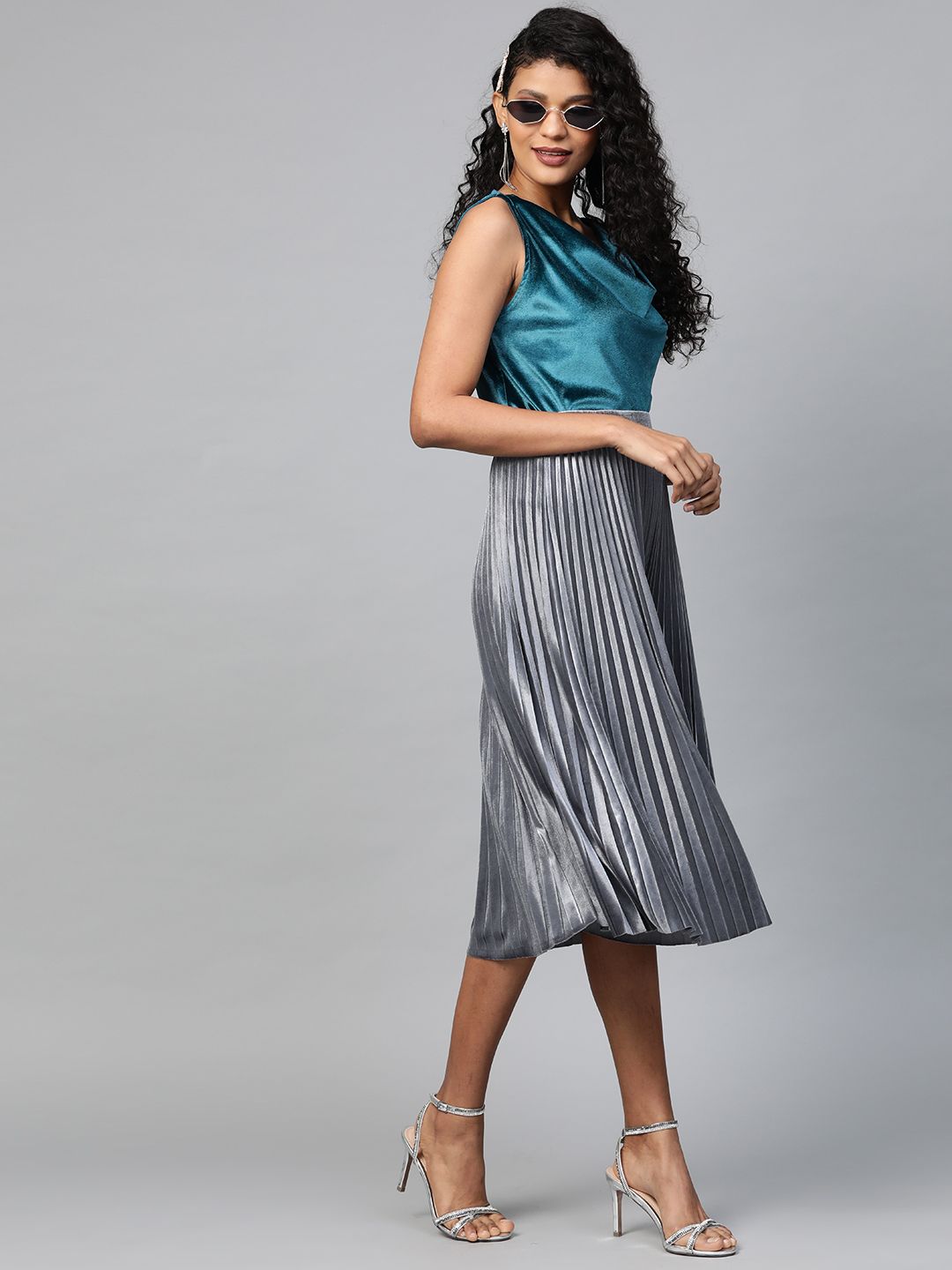 SASSAFRAS Teal Blue Velvet Finish Cowl Neck Top