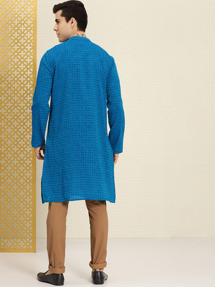 House of Pataudi Men Blue Ethnic Motifs Regular Kurta