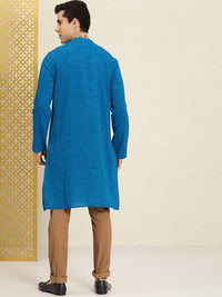 House of Pataudi Men Blue Ethnic Motifs Regular Kurta