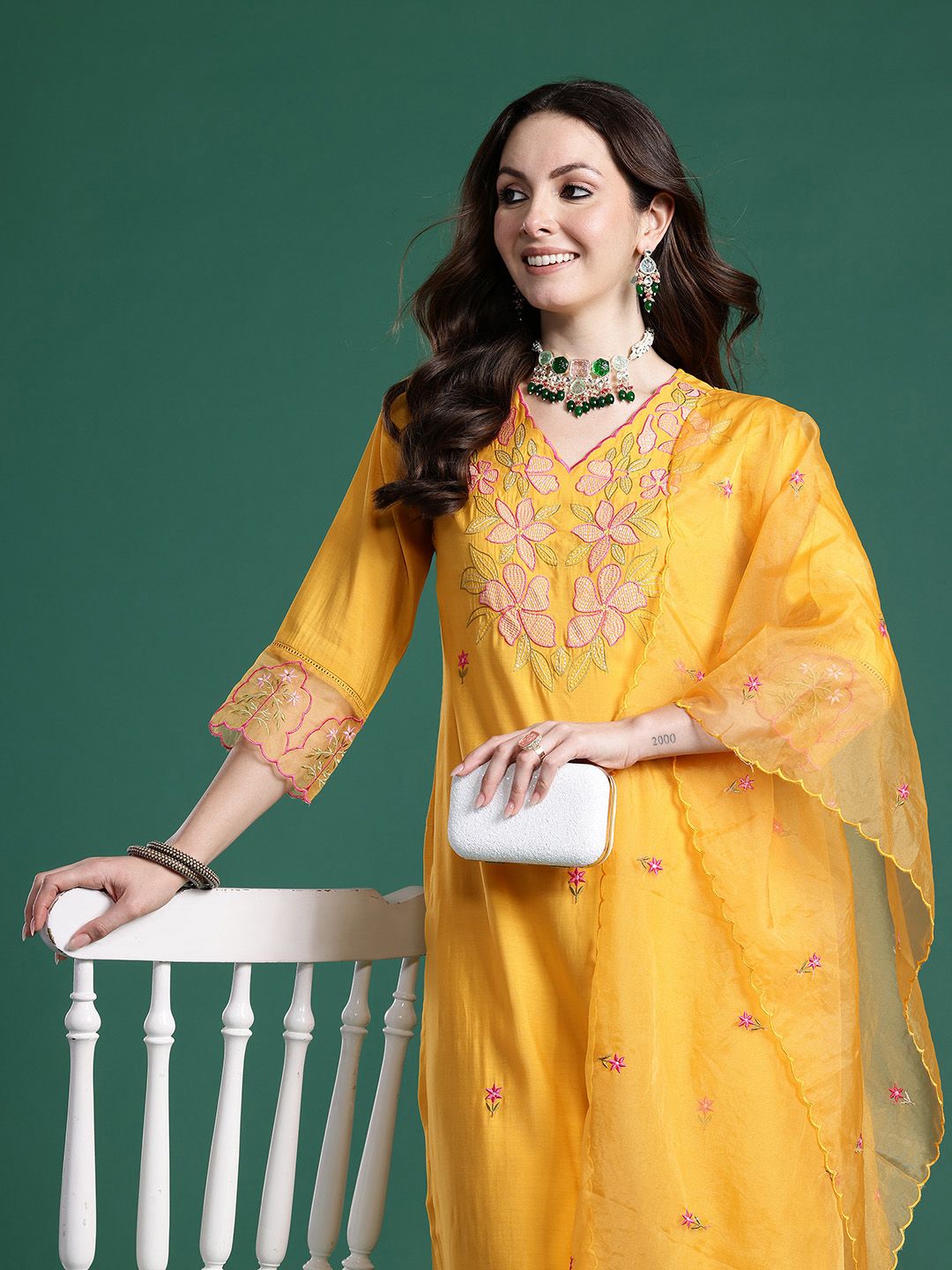 Indo Era Floral Embroidered Thread Work Kurta with Trousers & With Dupatta
