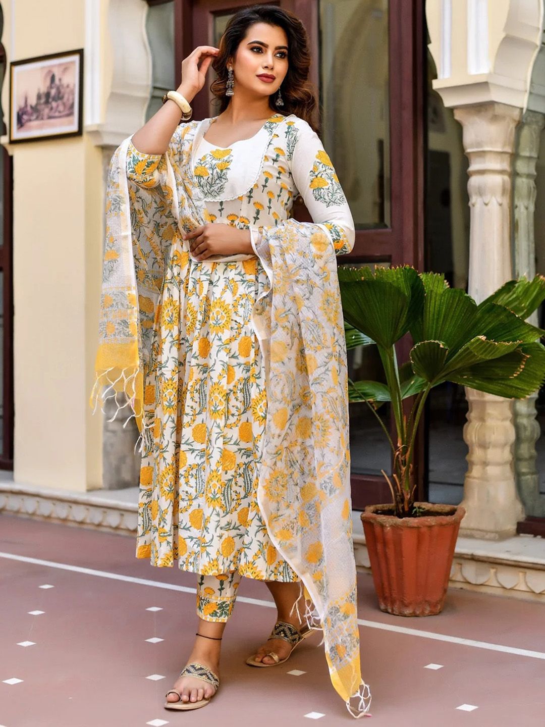 KALINI Floral Printed Empire Anarkali  Kurta with Trousers & Dupatta