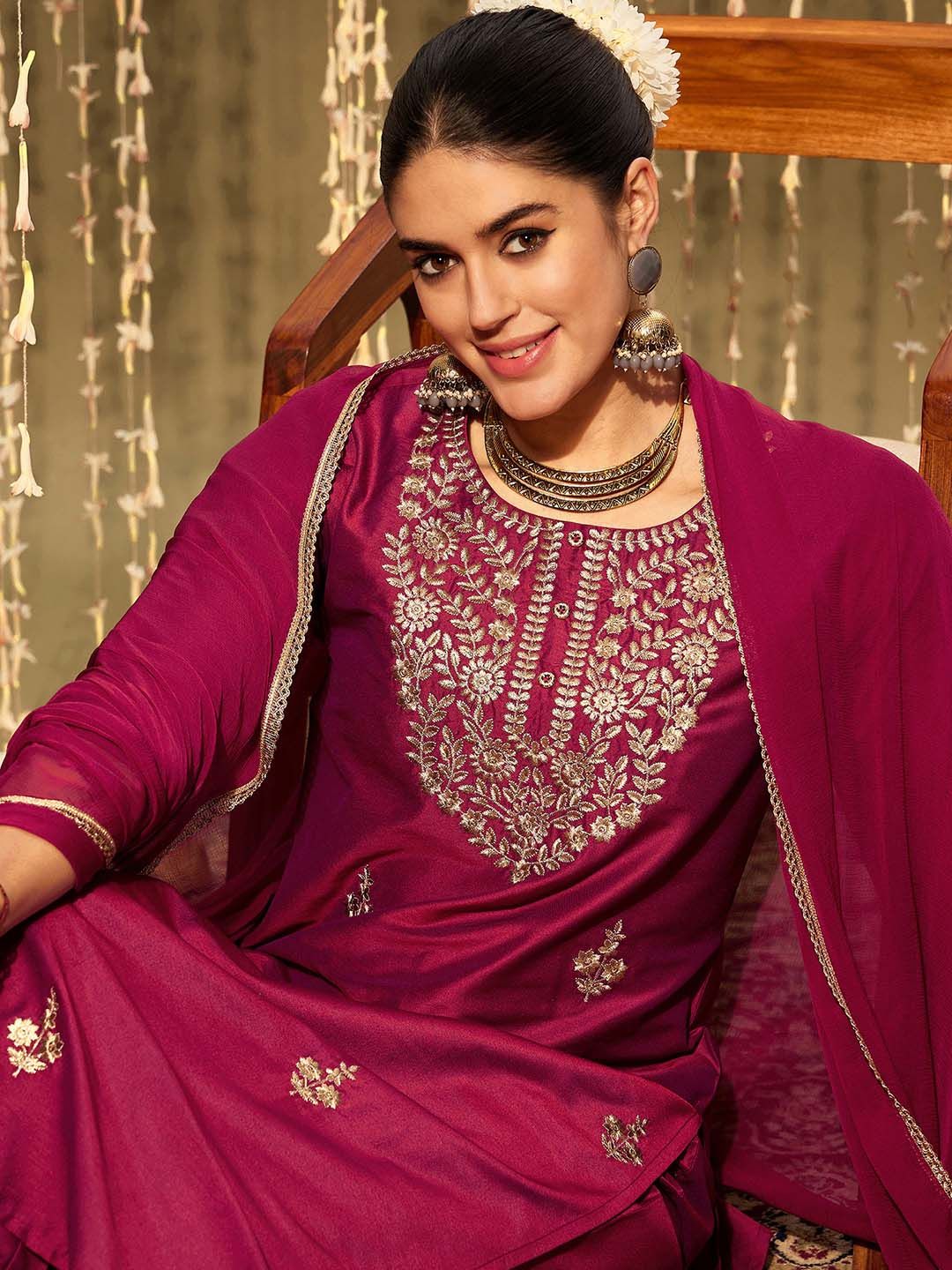 Indo Era Ethnic Motifs Embroidered Zari Straight Kurta With Trousers & Dupatta