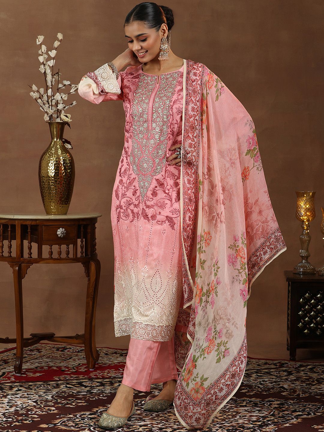 Libas Floral Embroidered Zari Schiffli Straight Kurta with Trousers & Dupatta