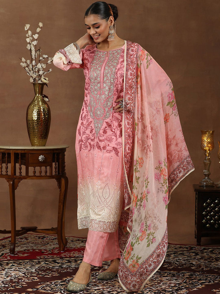 Libas Floral Embroidered Zari Schiffli Straight Kurta with Trousers & Dupatta