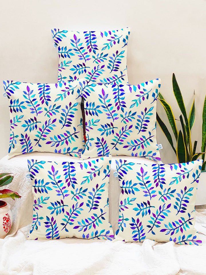 STITCHNEST Pack Of 5 Blue Floral Printed Square Cushion Covers