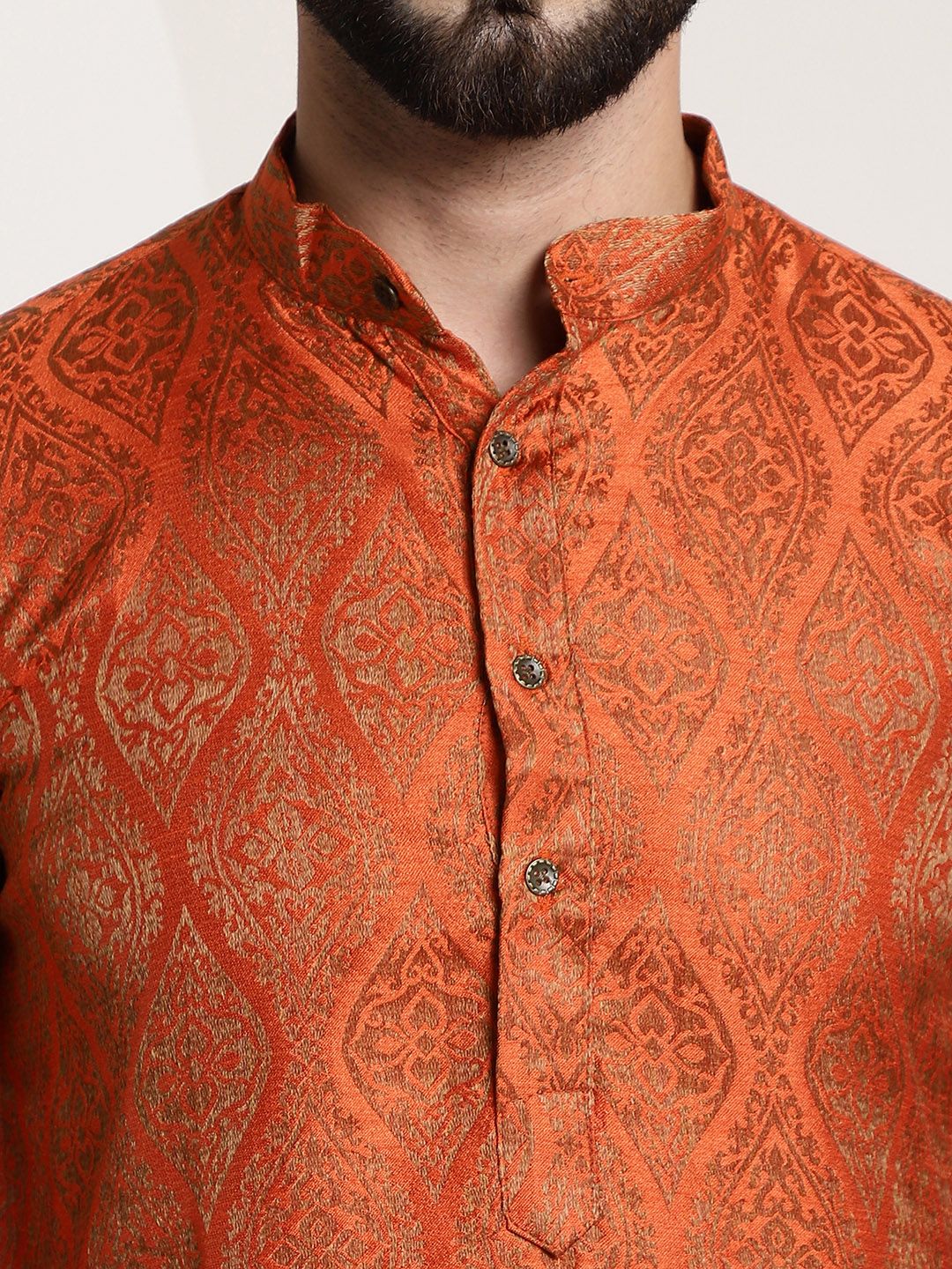 SOJANYA Men Orange & Golden Ethnic Motifs Woven Design Kurta with Churidar