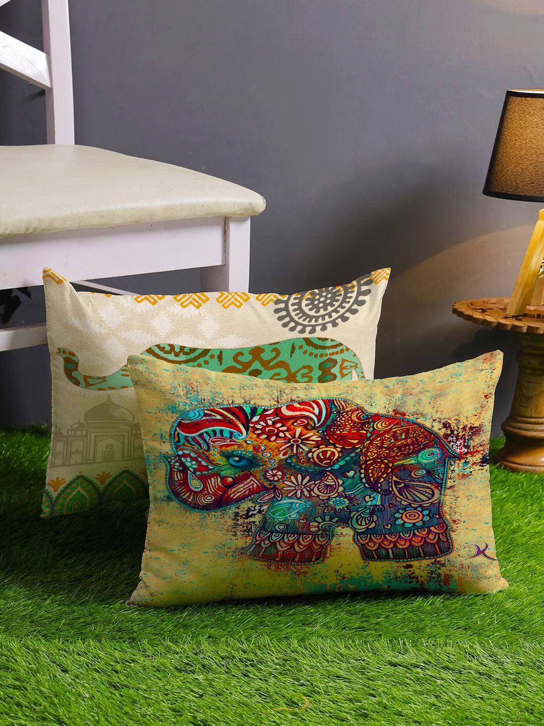 STITCHNEST Green & Red Set of 2 Cartoon Characters Rectangle Cushion Covers