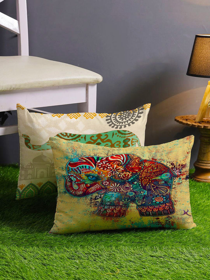 STITCHNEST Green & Red Set of 2 Cartoon Characters Rectangle Cushion Covers