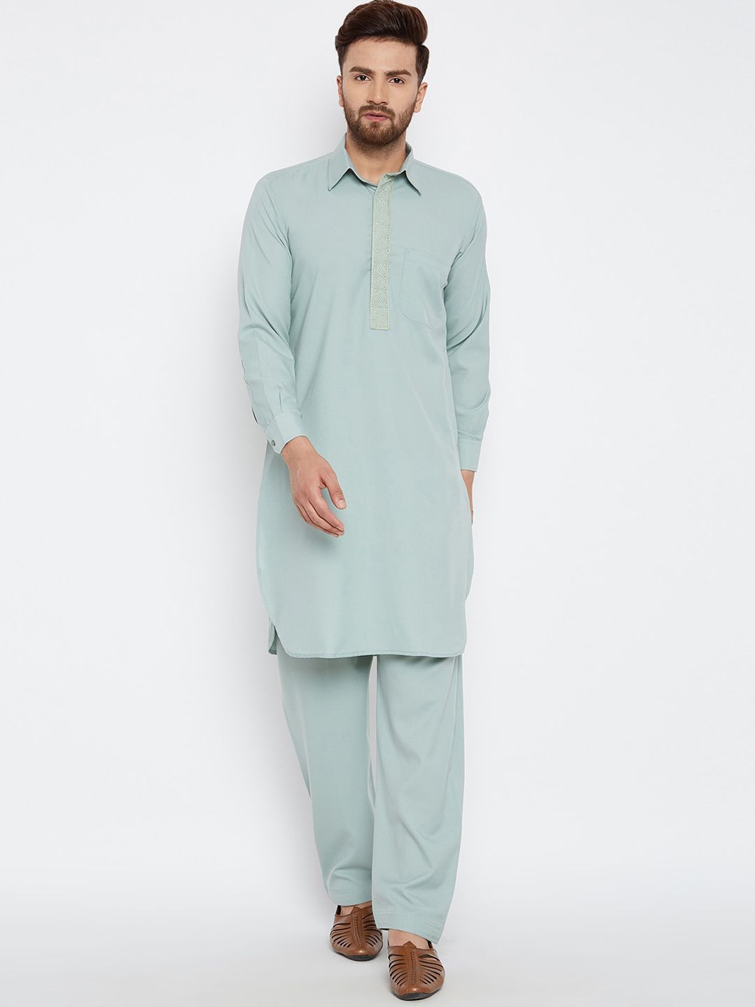 SOJANYA Shirt Collar Cotton Linen Pathani Kurta with Pyjamas