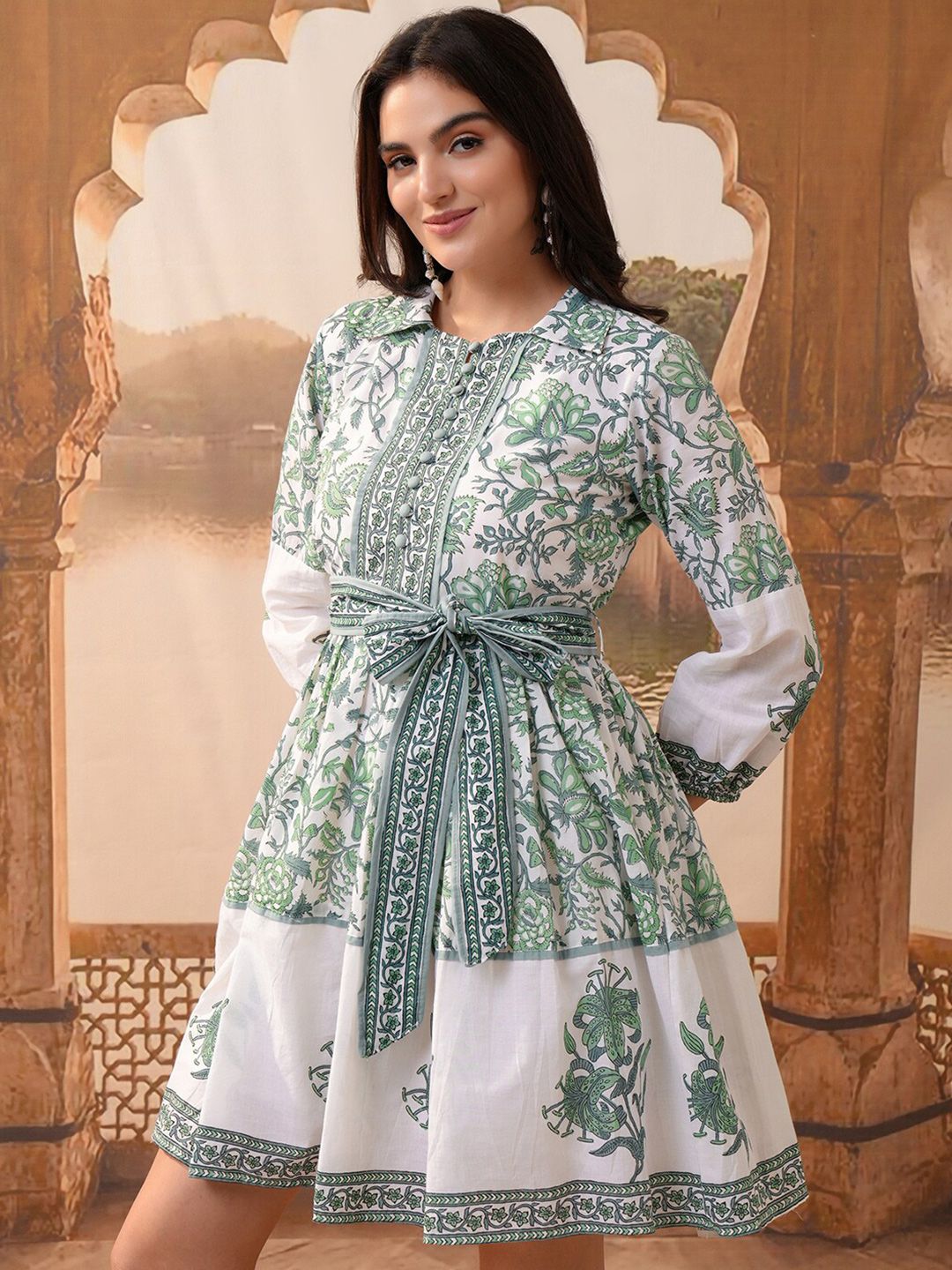 Vishudh Ethnic Motifs Printed Puff Sleeves Fit & Flare Dress