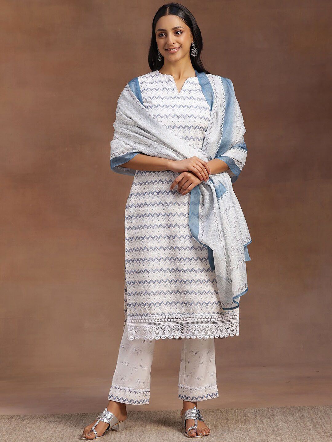 Libas Chevron Embroidered Regular Thread Work Kurta With Palazzos & Dupatta