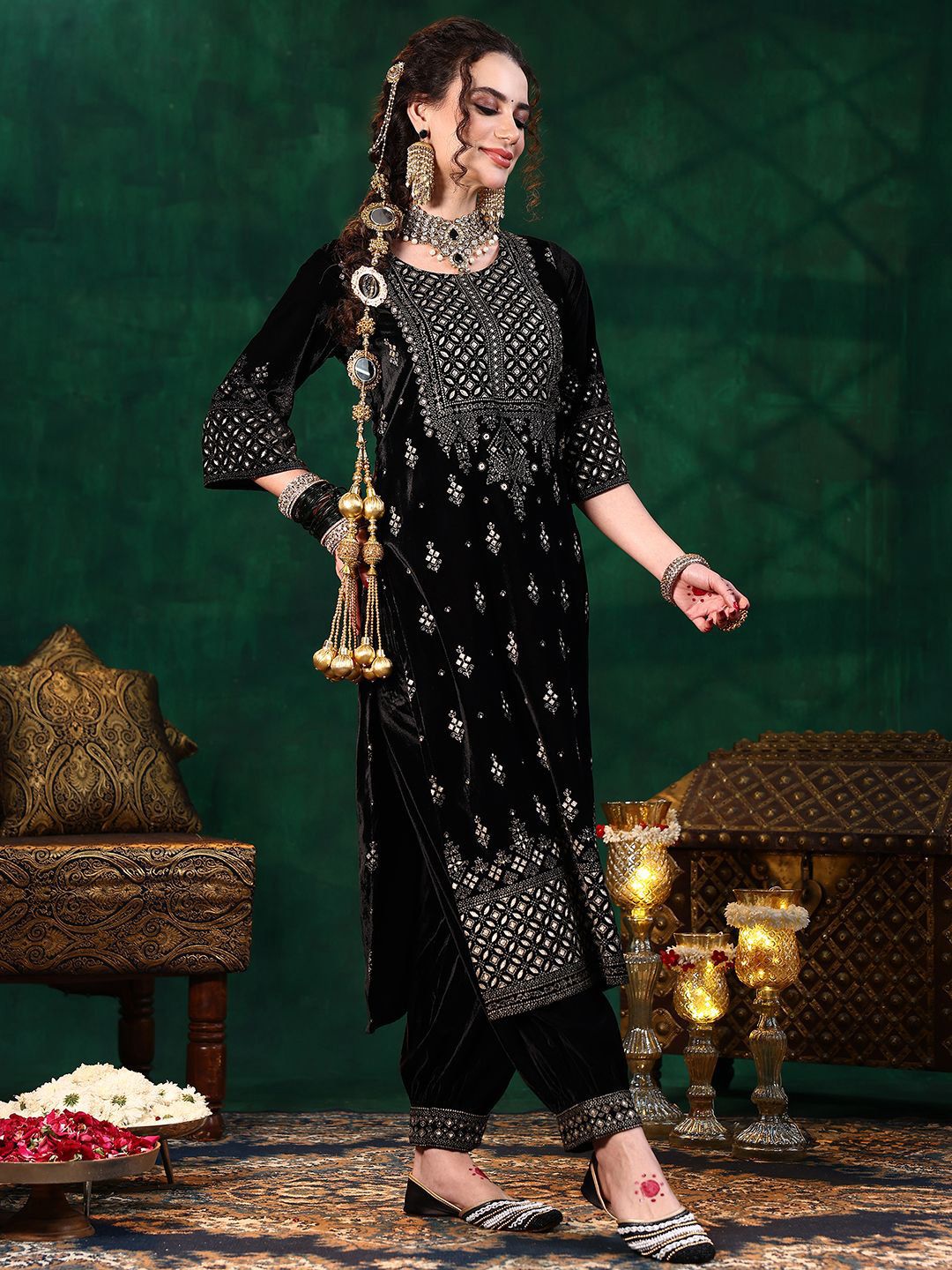 Libas Ethnic Motifs Embroidered Straight Velvet Sequinned Kurta with Salwar & Dupatta