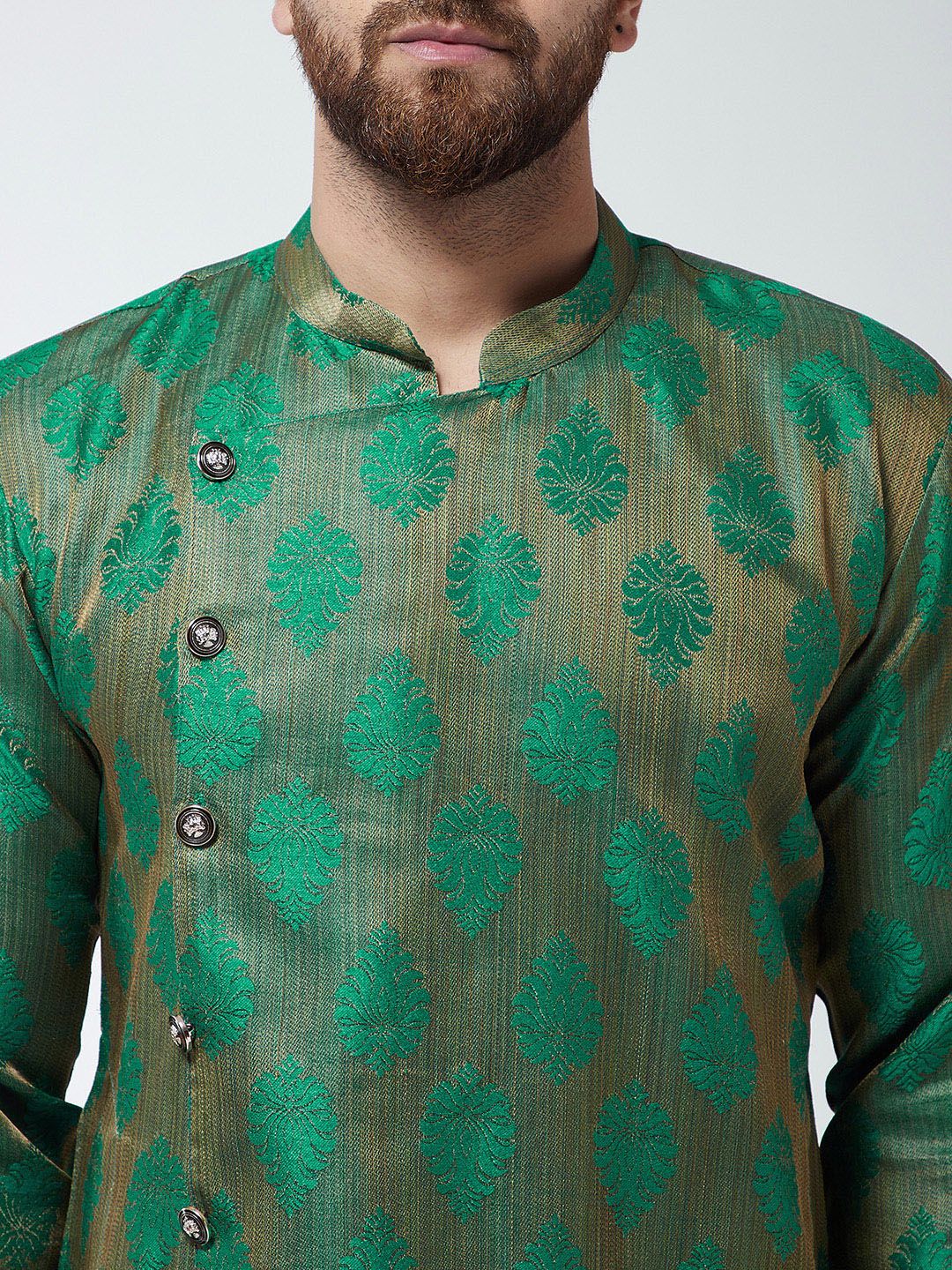 SOJANYA Kurta Lurus Bersulam Hijau & Beige Lelaki