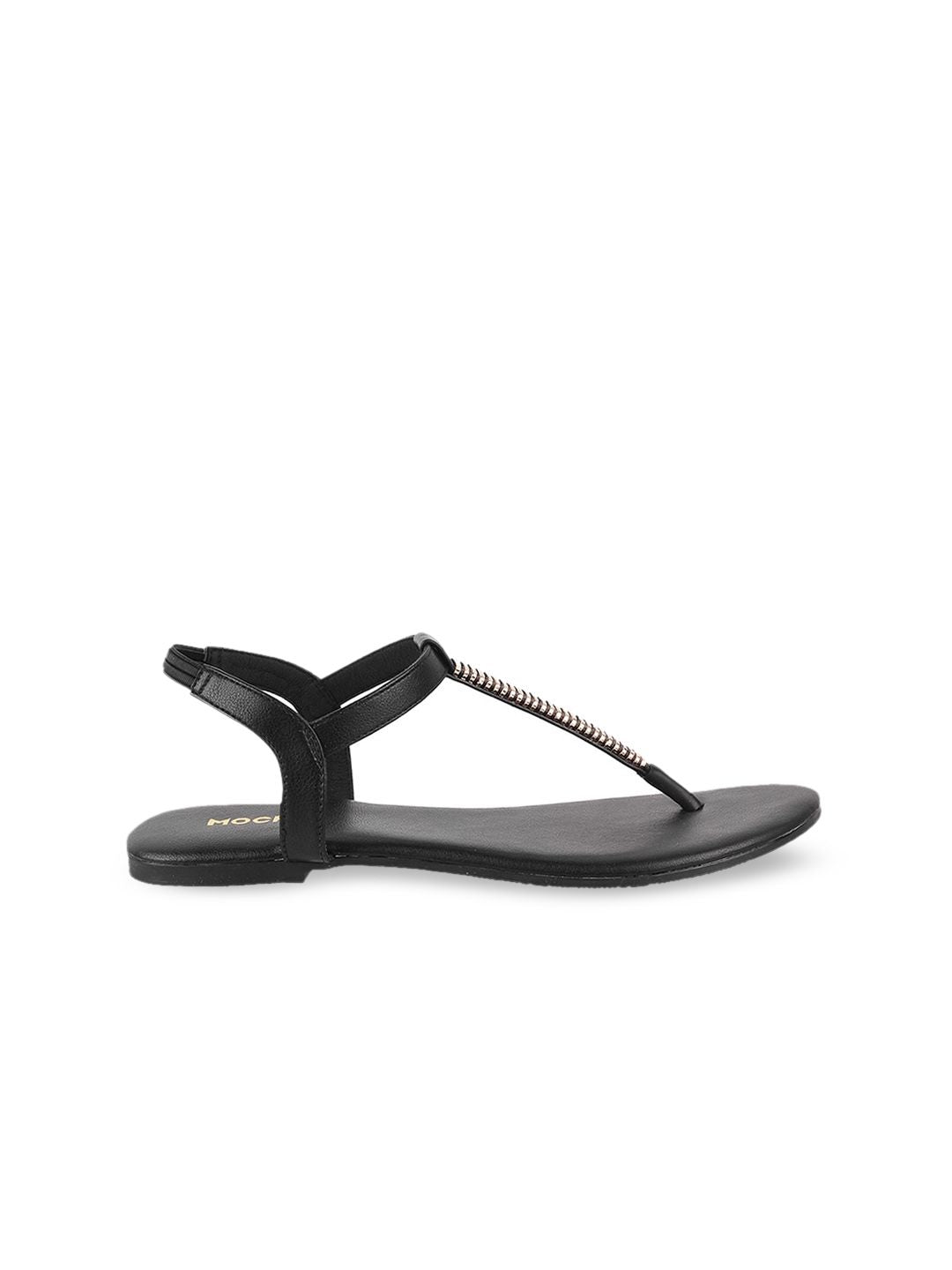 Mochi Women Black Embellished T-Strap Flats