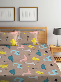 KLOTTHE Brown Kids 300 TC Printed Cotton Blend King Bedsheet With 2 Pillow covers