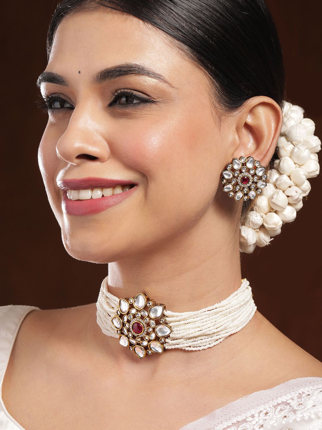 Rubans 22K Gold-Plated Kundan & Ruby Studded Multi-Strand Pearl Beaded Choker Necklace Set