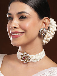 Rubans 22K Gold-Plated Kundan & Ruby Studded Multi-Strand Pearl Beaded Choker Necklace Set
