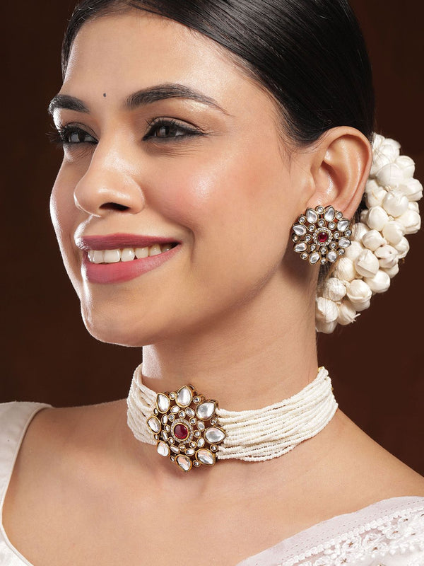 Rubans 22K berlapis emas Kundan & Ruby Studded Multi-Strand Pearl Beaded Choker Necklace Set
