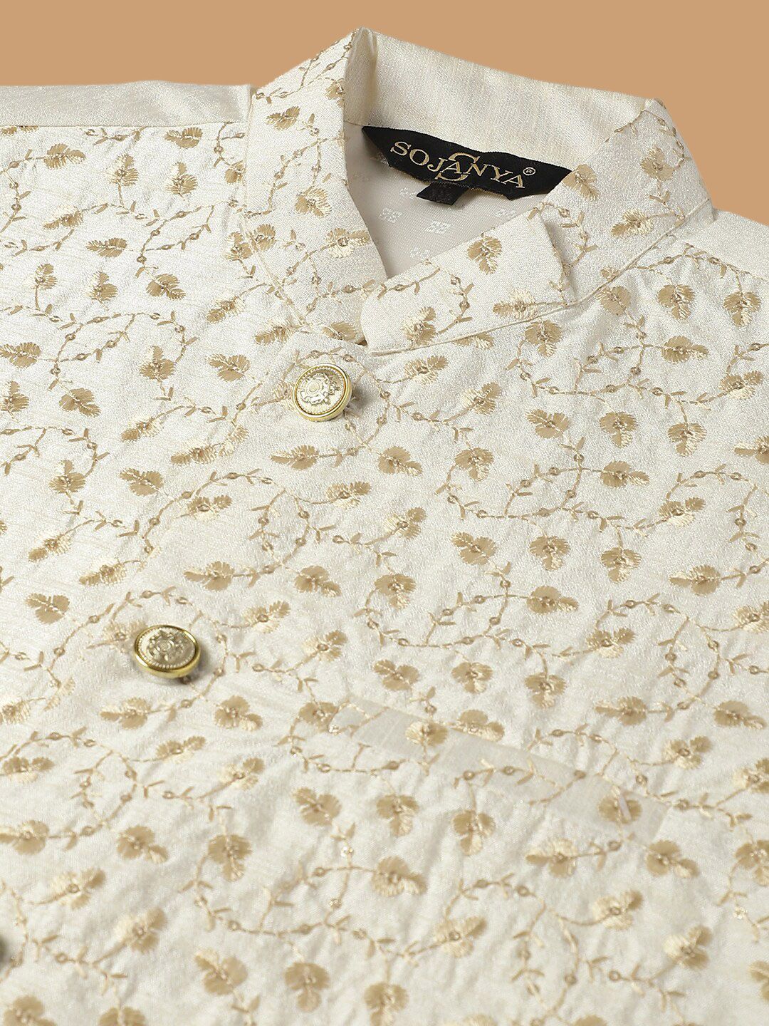 SOJANYA Geometric Embroidered Regular Kurta With Churidar & Nehru Jacket