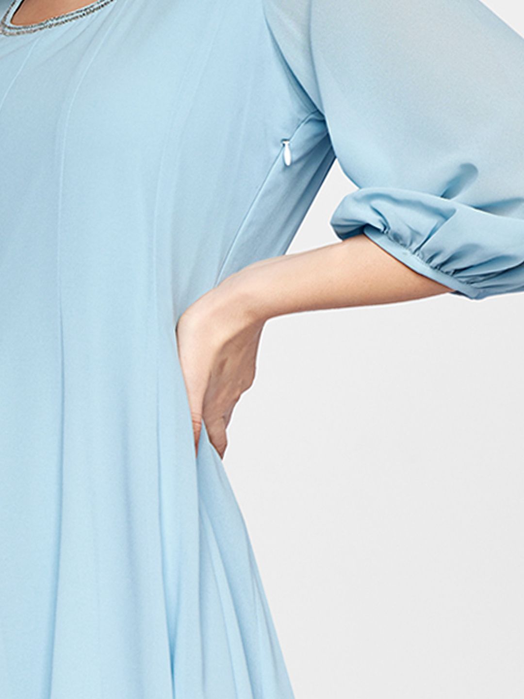 AND Blue Solid Gathered A-Line Dress