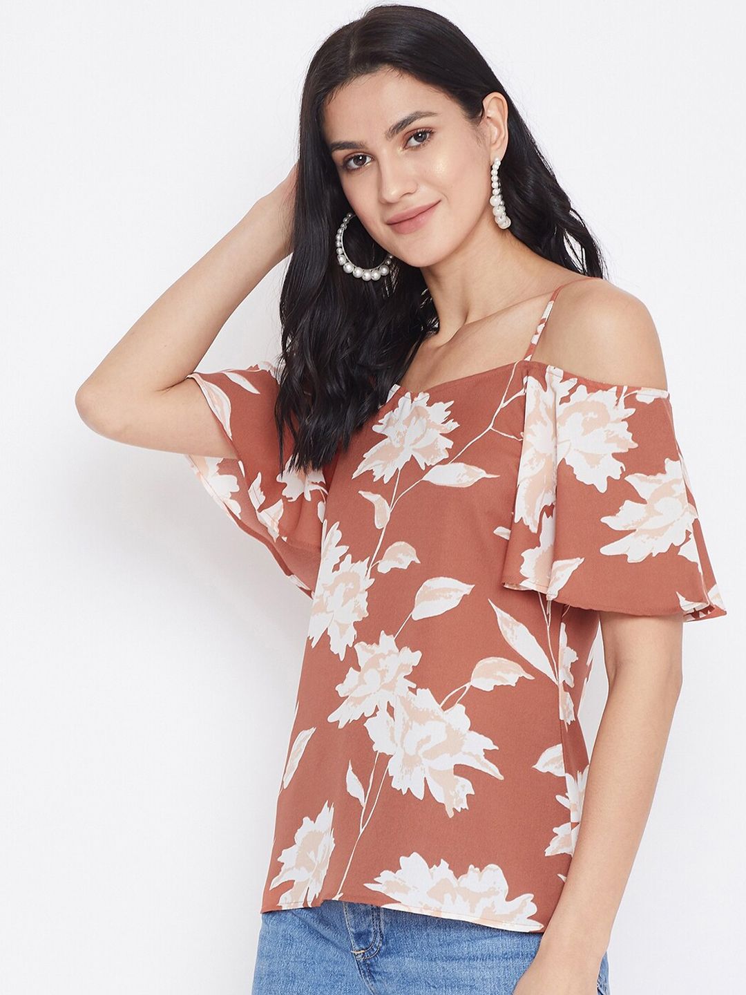 Berrylush Women Brown Printed Bardot Top