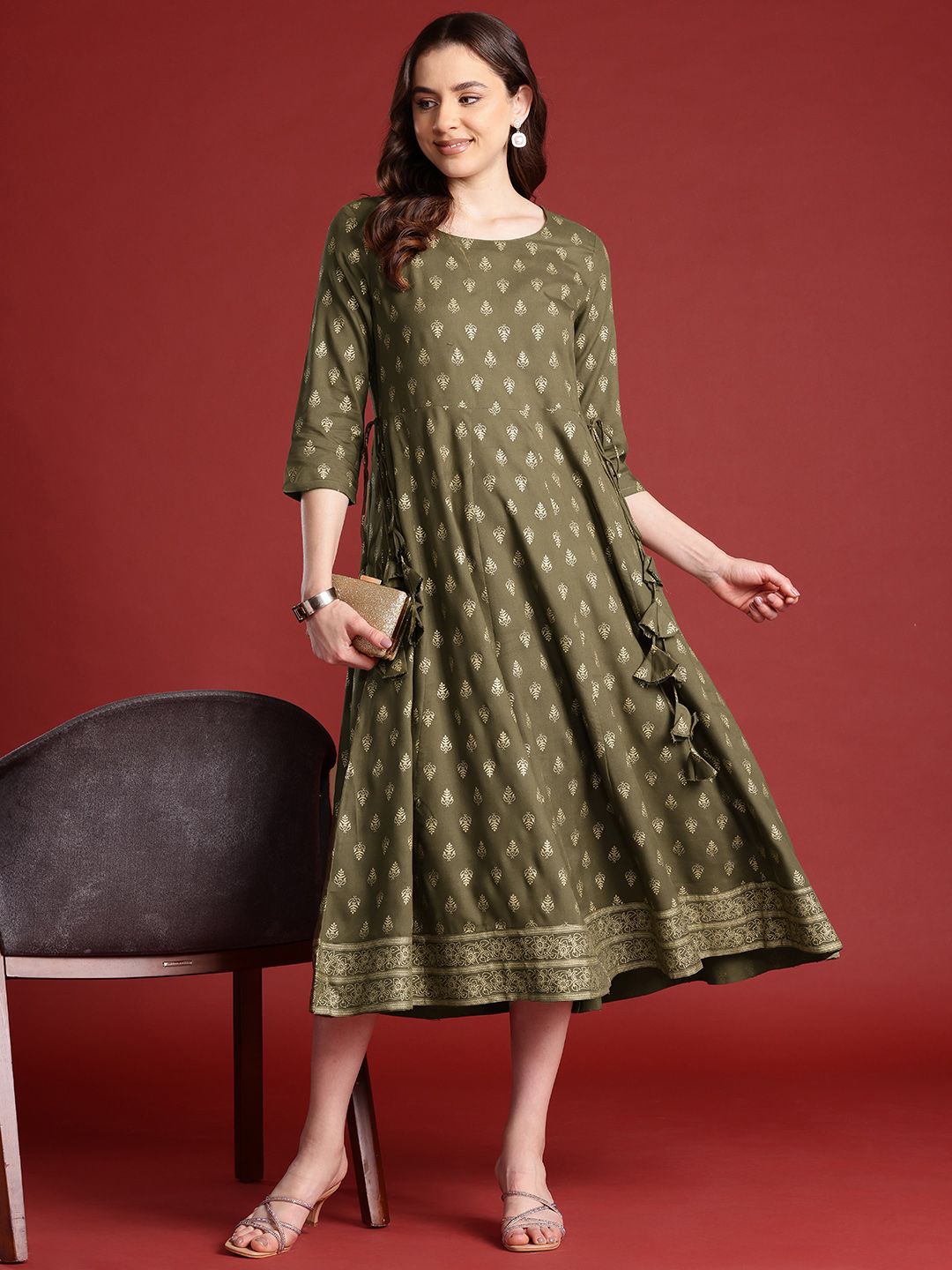 Anouk Tie-Up Tassels Detail Foil Print A-Line Midi Ethnic Dress